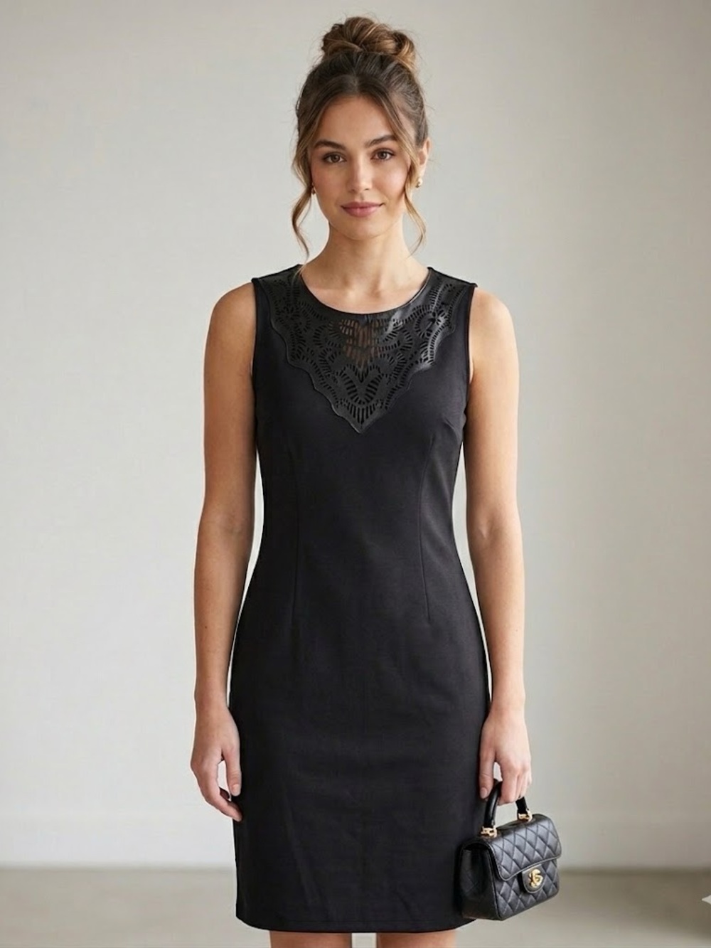 Lori Michaels Collection Black Sheath Dress Laser Cut Faux Leather - Size S